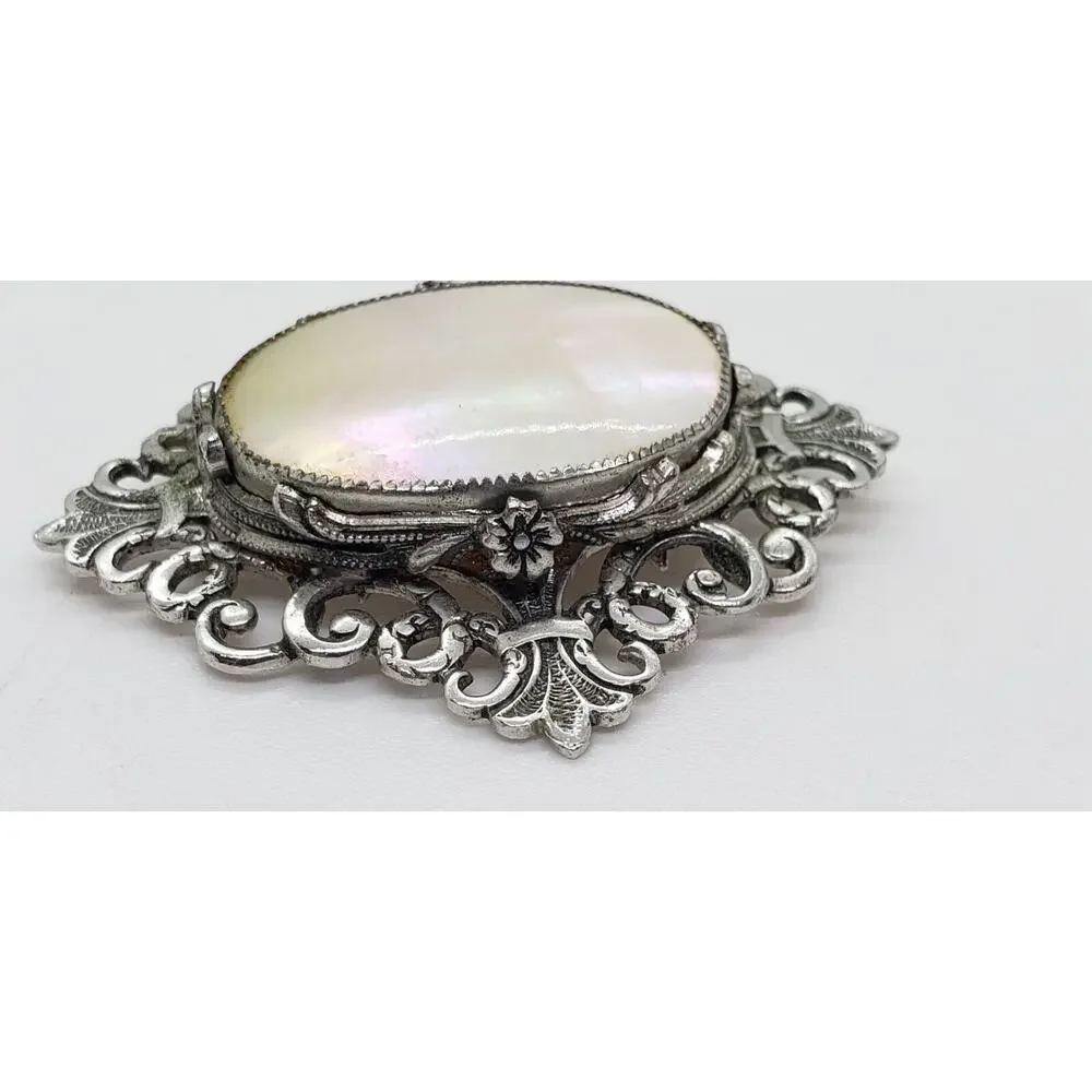Vintage Whiting Davis Mother of Pearl Brooch Victorian Revival Silver Filagree